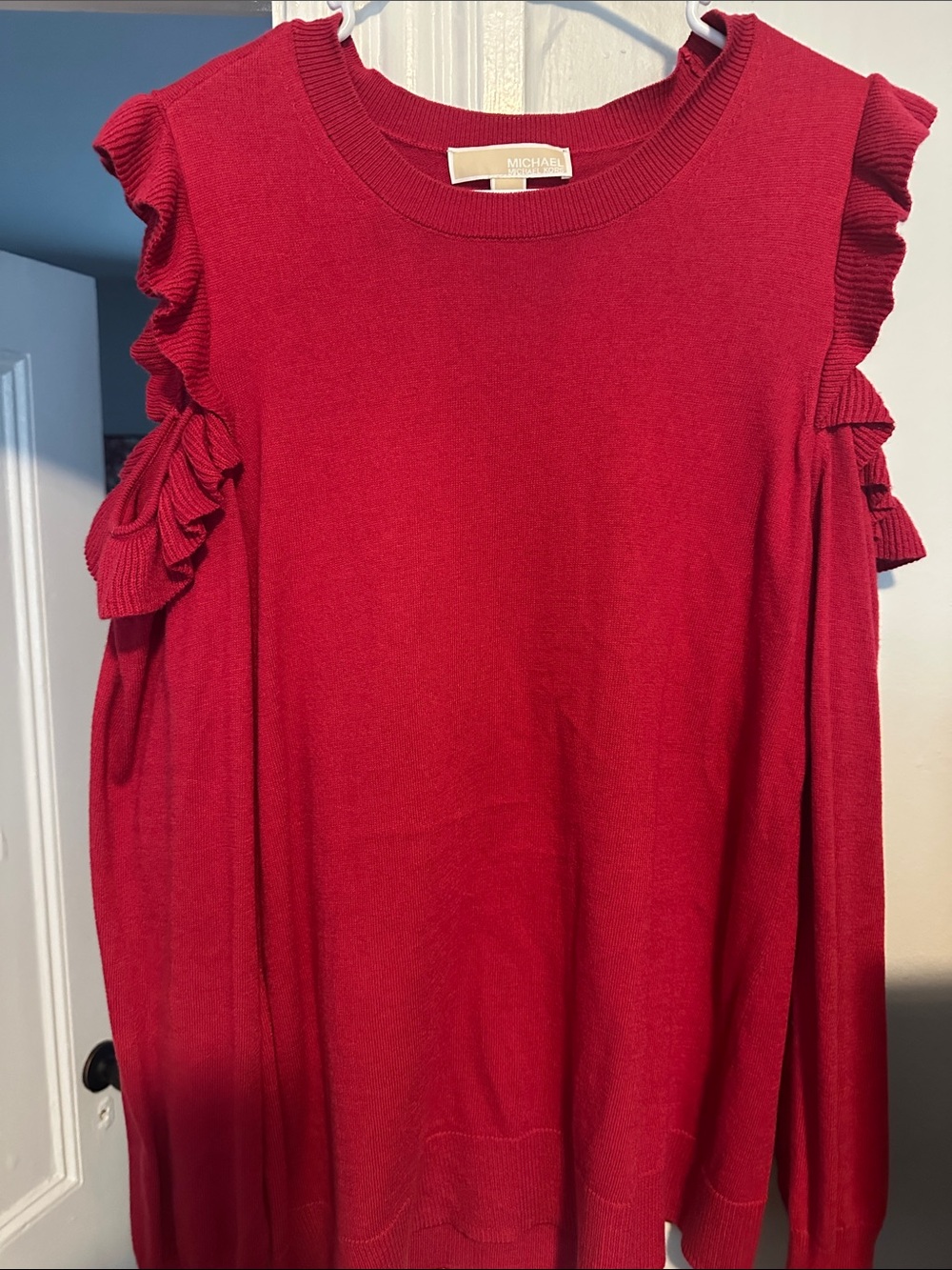 Michael Kors Red Ruffle-Accent Crewneck Sweater